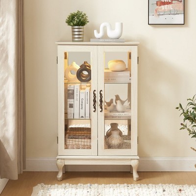 2 Doors Curio Cabinet, Display Cabinet With Mirrored Back Panel And Adjustable Shelves, Lighted Display Cabinet-Cuddlewood