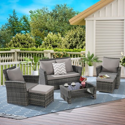 6 Piece Wicker Patio Furniture Sets with Ottoman and Tempered Glass Coffee Table