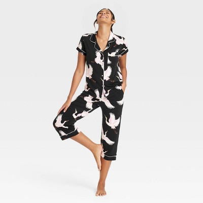 Image of Women's Short Sleeve Notch Collar Top and Pants Pajama Set - Stars Above™ Black/Crane S