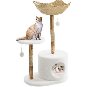 Nasitip 43" Natural Wood Cat Tree for Large Cats, White Aesthetic Cat Tower with Basket, Perches & Scratching Posts, Floor Standing - 1 of 4