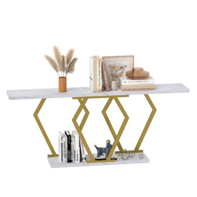 Console Tables with Geometric Base, Industrial Rustic Entryway Table with Open Storage, Behind The Couch Table with Geometric Table Legs