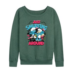 Women's - Smurfs - Just Smurfing Around Lightweight French Terry Wide Neck Long Sleeve Shirt - 1 of 4