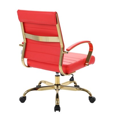 Mid-Century Red Leather Swivel Office Chair with Gold Metal Frame