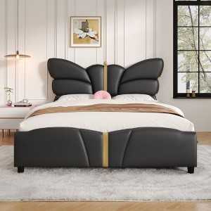 CAVINAS Modern Butterfly-Shaped Platform Bed Frame with Upholstered Headboard, PU Leather & Solid Wood Queen Bed Frame with Gold Metal Decor - 1 of 4