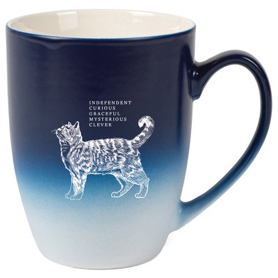 Elanze Designs 12 Ounce Ceramic Decorative Laser Engraved Giftable Novelty Tea Coffee Cup Mug Navy Blue and White Cat Independent Curious Mysterious