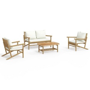 vidaXL 4 Piece Bamboo Patio Lounge Set - Farmhouse Style Outdoor Seating Solution with Comfortable Cushions and Practical Table - Brown Cream White - 1 of 4