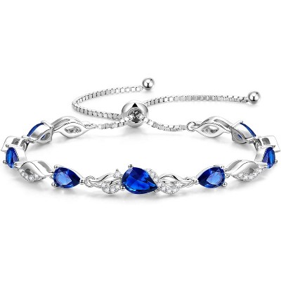 Teardrop Birthstone Tennis Bracelet, Sterling Silver with 9x7mm Gemstone & Adjustable Bolo Chain, Birthday Gift for Her