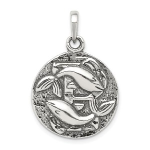 Black Bow Jewelry Sterling Silver Pisces the Fish Zodiac Embossed Circle Pendant - 1 of 4