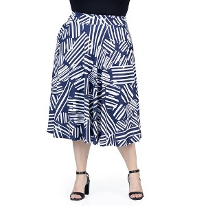 24seven Comfort Apparel Plus Size Navy Geometric Print Pleated Midi Skirt With Pockets - 1 of 4