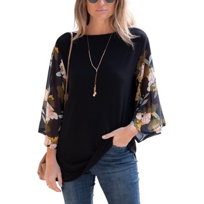 Amaryllis Women's Floral Sheer Sleeve Top Relaxed Fit Crew Neck Flowy Silhouette Elegant Everyday Versatile Pullover