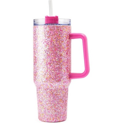 Packed Party Hot Pink Stainless Steel Insulated 40 oz Oversized Tumbler With Handle, Straw, Lid for Water or Iced Tea (Pink Glitter)