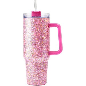 Packed Party Hot Pink Stainless Steel Insulated 40 oz Oversized Tumbler With Handle, Straw, Lid for Water or Iced Tea (Pink Glitter) - 1 of 4