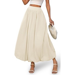 Women's Y2K Bubble Hem Maxi Skirt - Puffy A-Line Long Skirt with Pockets & Elastic Waist Cream Apricot - 1 of 4