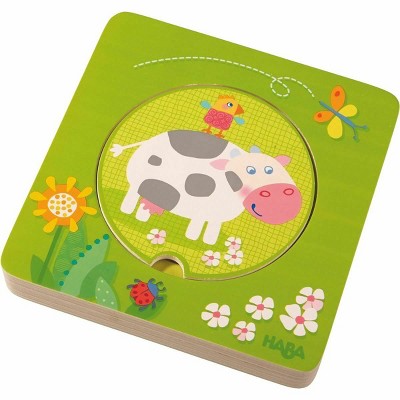 HABA Farm Animal Wooden Puzzle, STEM Educational Toy for Toddlers 1-3, Montessori Learning for 2+ Year Olds, 5 Piece Wood Puzzle 6" x 6"