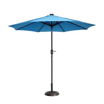 9-Foot Patio Umbrella - Deck Shade with Solar Powered LED Lights, Push Button Tilt, and Fade Resistant, UV Protection Canopy by Villacera (Blue)