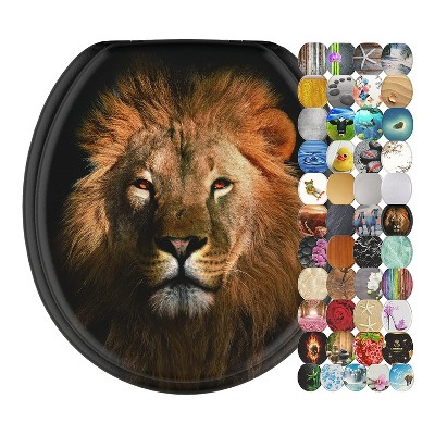 Sanilo 341 Round Molded Wood Toilet Seat with No Slam, Slow, Soft Close Lid, Stainless Steel Hinges, Unique Fun Decorative Design, Lion