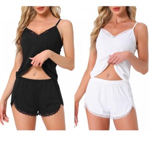 INSPIRE CHIC Women's 2 Pcs Ribbed Knit Lace-Trim V-Neck Cami Top with Shorts Sleeveless Pajama Sets - 1 of 4