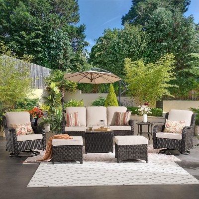 XIZZI Wicker Patio Furniture Set with 3-Seat Sofa, Swivel Rocking Armchairs & Ottomans & Side Table, Modular Sectional Outdoor Conversation Sofa Set