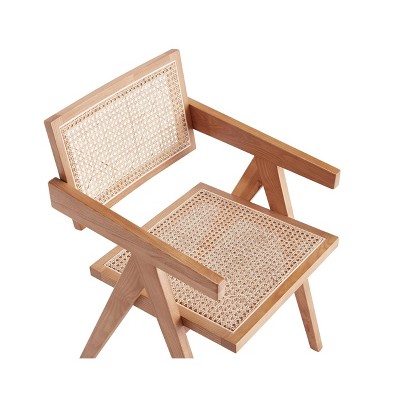 High-Back Natural Cane and Rattan Arm Chair with Ash Wood Base