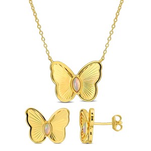 EVERLY JEWELRY | Yellow Plated Sterling Silver 1/5ct TGW Ethiopian Blue Opal Butterfly Earrings and Necklace Set - 17 in - 1 of 4
