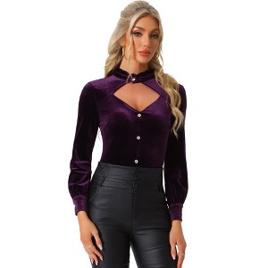 INSPIRE CHIC Women's Velvet Vintage Ruffle Mock Neck Cutout Long Sleeve Gothic Blouse - 1 of 4