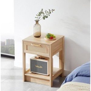 KWPZQEB 15.75" Rattan Nightstand, Bed Side Table with Drawer & Open Shelf, Modern Wooden Night Stand for Bedroom Living Room - 1 of 4
