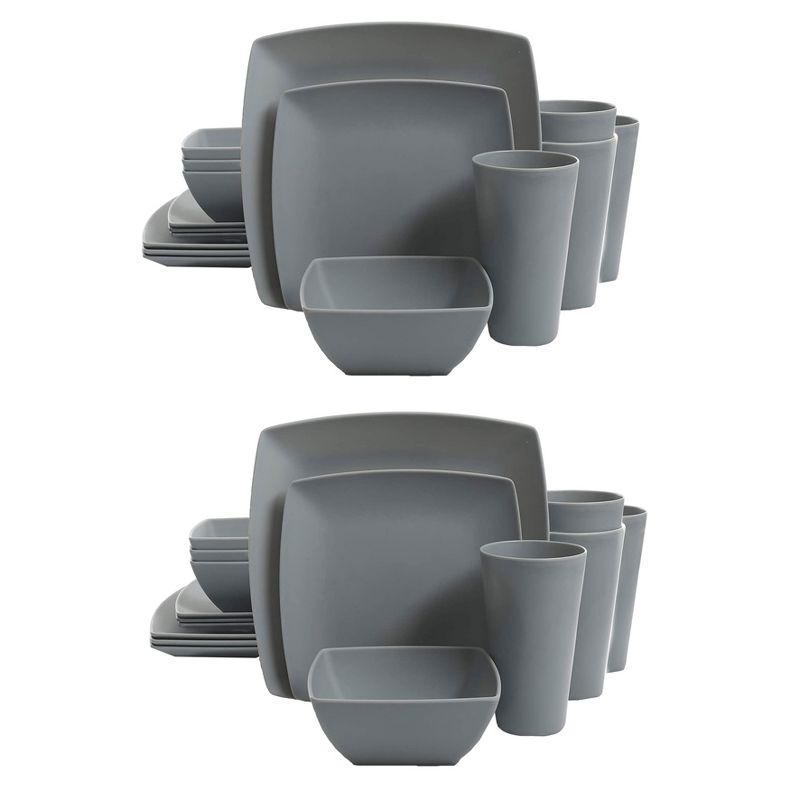 Gibson Home Soho Grayson Square Melamine Everyday 16 Piece Reactive Glaze Dinnerware Set Plates, Bowls, and Cups, Dishwasher Safe, Grey (2 Pack), 1 of 7