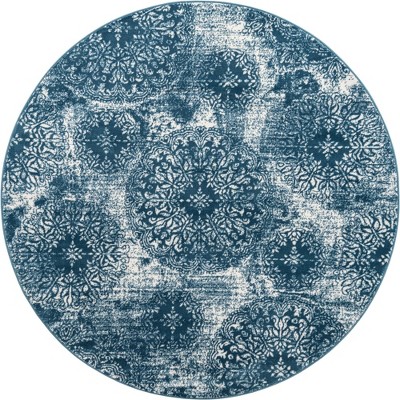 Reversible Blue Floral Synthetic 7' Round Area Rug