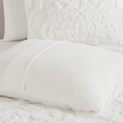 White Tufted Cotton Chenille Damask King Duvet Set