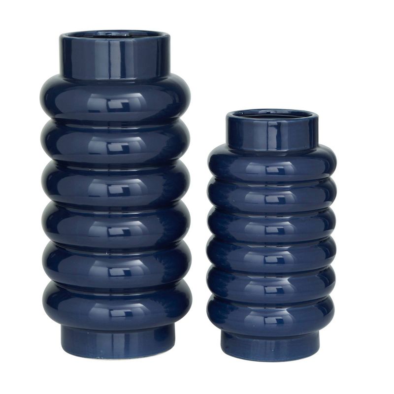Set of 2 Ceramic Vase with Stacked Ring Design Dark Blue &#8211; CosmoLiving by Cosmopolitan, 1 of 7