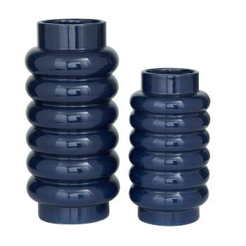 Set of 2 Ceramic Vase with Stacked Ring Design Dark Blue – CosmoLiving by Cosmopolitan