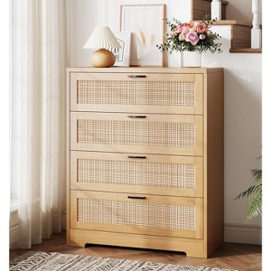 Tall Rattan Dresser with 4 Drawers, Storage Chest of Drawers for Bedroom - 1 of 4