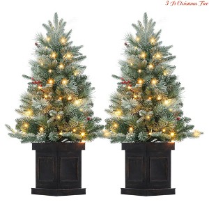 3 Ft Christmas Tree w/Square Shaped Base, Artificial Holiday Christmas Tree w/ 78 Led Lights, Easy Setup, Red Berry Accents, Holiday Ready - 1 of 4