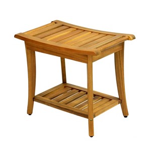 JONATHAN Y Tucker 22.1" Traditional Classic Slatted Solid Acacia Wood Indoor/Outdoor Shower Bench with Shelf and Handle - 1 of 4