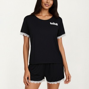 Anna-Kaci Lounge Women's Lace Trim Short Sleeve Pajama Set with Pocket Detail - 1 of 4