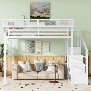 Sapphtopaz Metal Loft Bed with Stairs, Wardrobe, Safety Guardrail & Storage Shelves, High Loft Bed for Kids, Teens & Adults, Space-Saving - 1 of 4