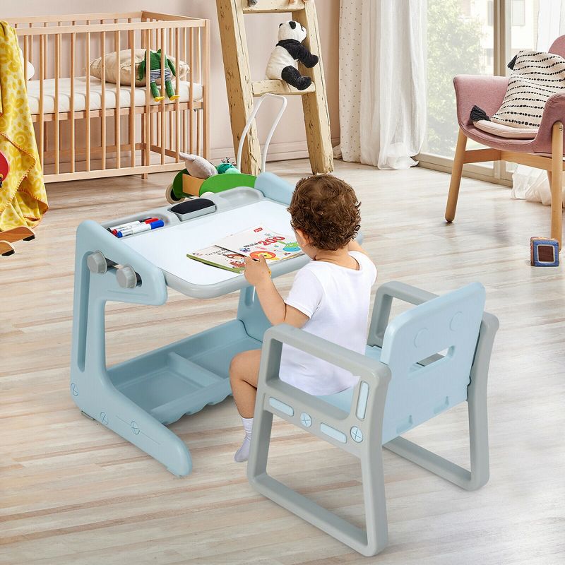 Costway 2 in 1 Kids Easel Table & Chair Set Adjustable Art Painting Board Gray/Blue/Light Pink, 2 of 11