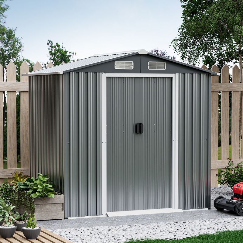 Costway 6 x 4 FT Outdoor Storage Shed Galvanized Steel Shed with Sliding Doors Wood Grain Natural/Grey, 2 of 11