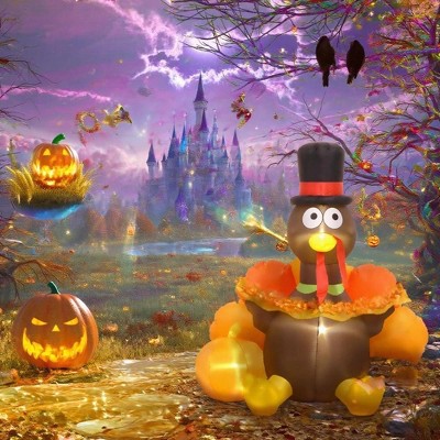 Whisen Inflatable Thanksgiving Turkey Pulls Banner with Pumpkin, Blow Up LED Display for Garden - Brown