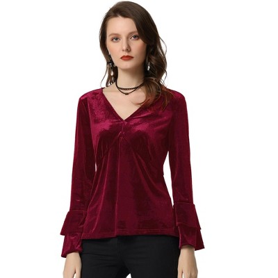 INSPIRE CHIC Women's Regular Fit V Neck Velvet Flare Long Sleeve Peplum Blouse