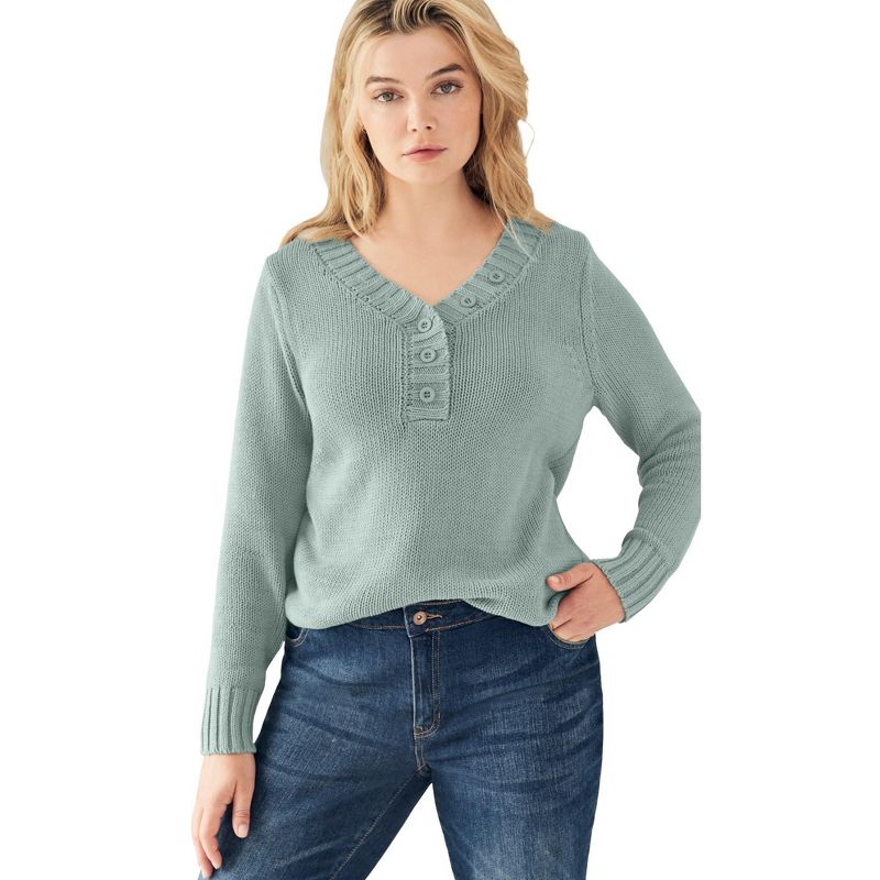ellos Women's Plus Size Button Y-neck Sweater, 1 of 2