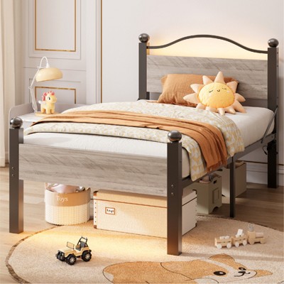 Pinmoco LED Headboard Bed Frame with Charging Station, 16.5" Storage Metal Platform Bed, Gray
