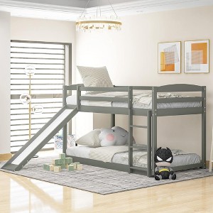 QingMoon Kids Loft Bed, Solid Wood Floor Bunk Bed Frame with Convertible Slide, Safety Guardrails and Ladder for Bedroom - 1 of 4