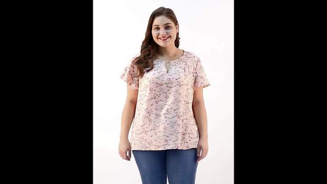 Agnes Orinda Women's Plus Size Keyhole Floral Chiffon Short Flared Sleeve Summer Trendy Peasant Tops, 2 of 9, play video