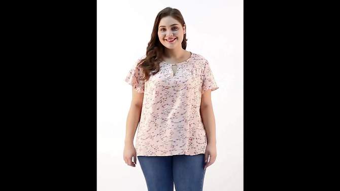 Agnes Orinda Women's Plus Size Keyhole Floral Chiffon Short Flared Sleeve Summer Trendy Peasant Tops, 2 of 9, play video