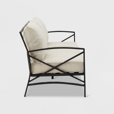 Oatmeal Cushioned Black Metal Three-Seat Outdoor Sofa