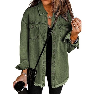 Zeagoo Jean Jackets for Women Ripped Fringe Denim Jean Jacket Casual Long Sleeve Pockets Jackets Coat - 1 of 4