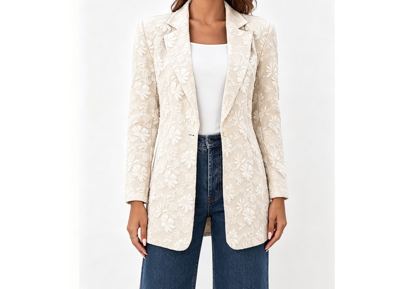 Женская куртка YesFashion Floral Embroidery Open Blazer Lapel Collar Single Button Long Sleeve Relaxed Casual Outerwear Jacket, khaki, цвет: С принтом — фото 1