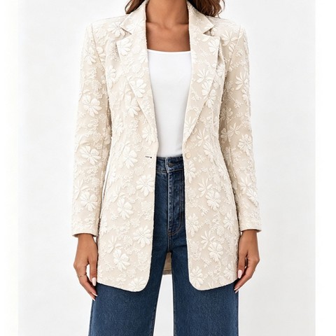 Женские куртки YesFashion Women's Floral Embroidery Open Blazer Lapel Collar Single Button Long Sleeve Relaxed Casual Outerwear Jacket,khaki,xl