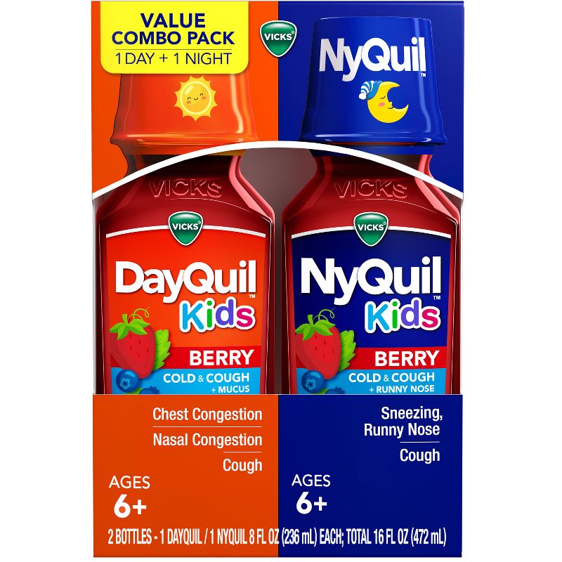 Vicks Kids DayQuil &#38; NyQuil Berry Cold &#38; Cough Medicine Liquid - 16 fl oz, 1 of 13